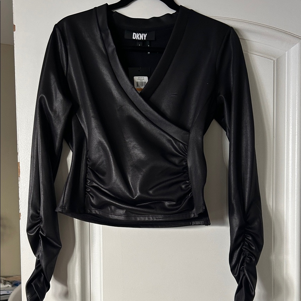 DKNY Black Faux Leather Wrap Blouse